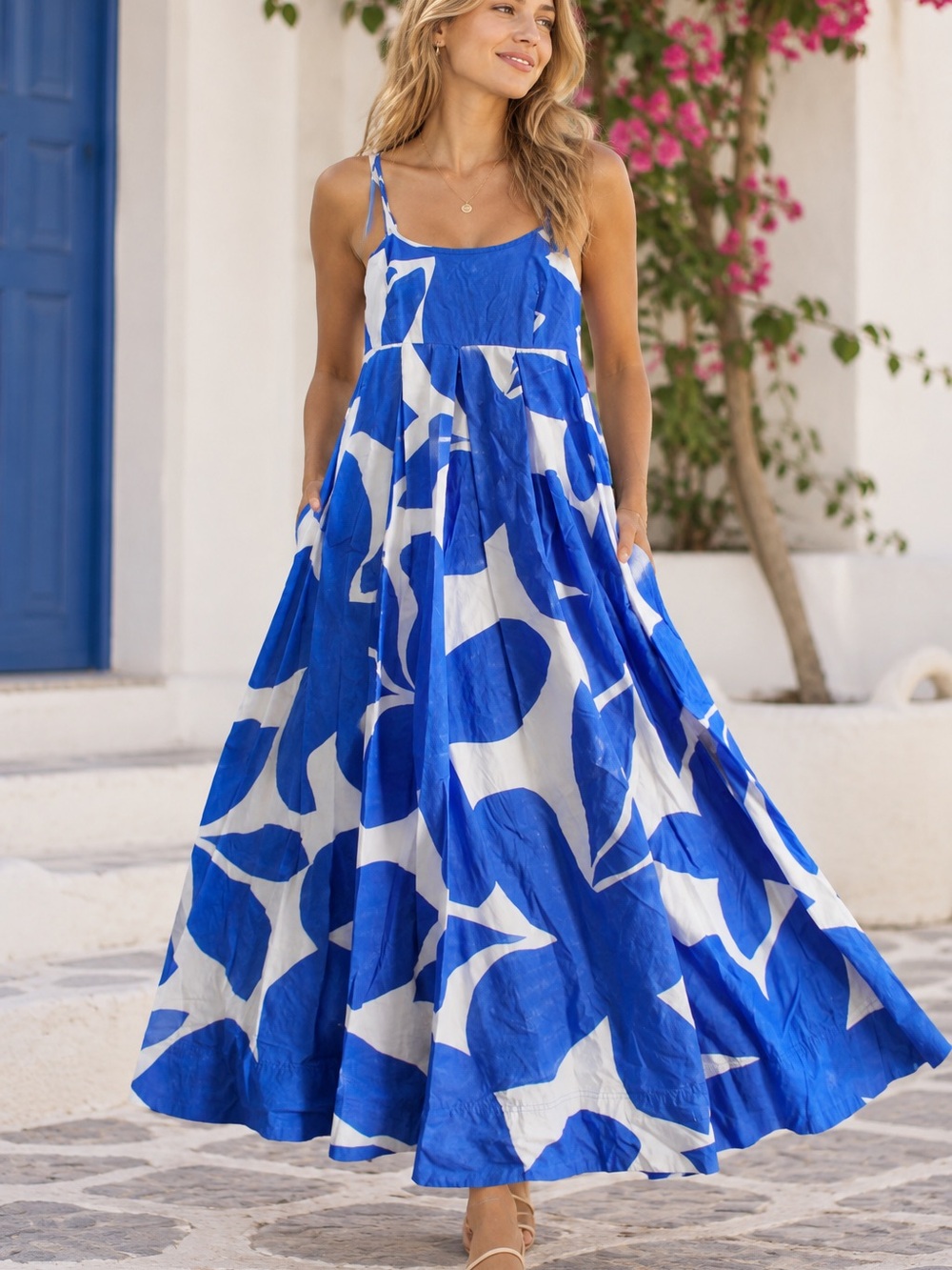 Anthropologie Blue and White Abstract Floral Maxi Dress